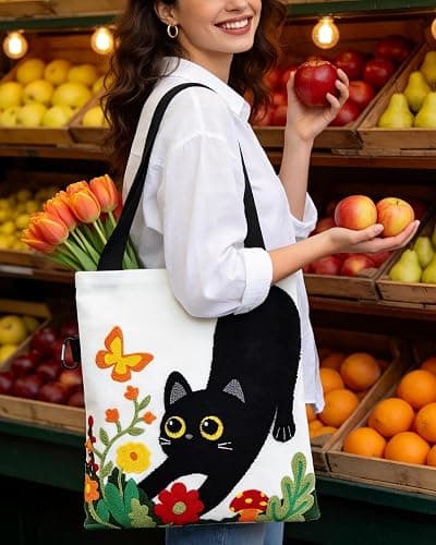 Jeasona Canvas Tote Bag for Women,Cute 3D Black Cat & Flowers Reusable Embroidered Canvas Shoulder Bag thumbnail 2