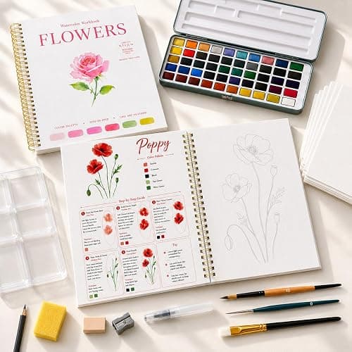 Drawmend Watercolor Paint Set & Workbook for Beginners, 50 Colors, 4 Brushes, 12 Step-by-Step Projects, 300 GSM Paper, 11 x 8.3 in Lay-Flat Book for Adults,Creative Art Gift (Flowers, with Palette) thumbnail 3
