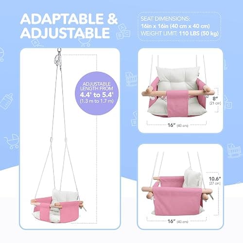 CaTeam - Canvas Baby Swing, Wooden Hanging Swing Seat Chair with Safety Belt, Durable Baby Swing Chair, Outdoor and Indoor Swing for Kids, Mounting Hardware Included, Pink thumbnail 2