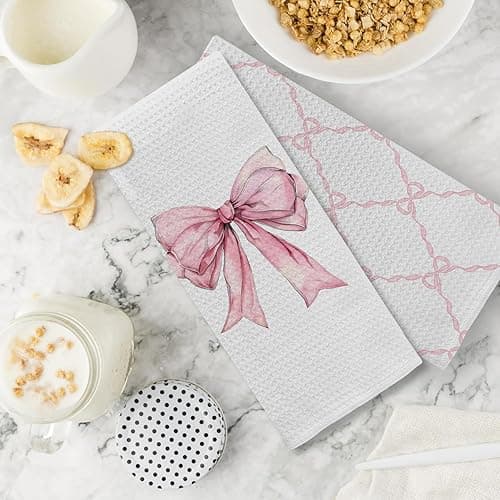 Kemingni Coquette Pink Bow Kitchen Towels Set of 2, Preppy Pink Ribbon Pattern Hand Towels for Bathroom, Girly Coquette Bathroom Decor, Bow Aesthetic Dish Tea Towels for Kitchen, 16x24 inches - Color 01 thumbnail 6
