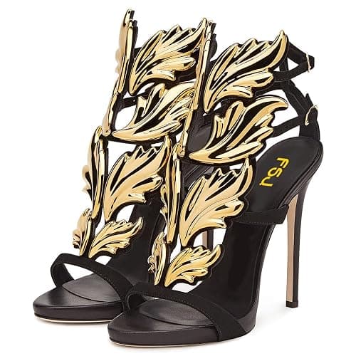 FSJ Women Classy Open Toe Stiletto Heel Sandals Metallic Leaf Mirrored Wing Ankle Strap High Heels Party Evening Prom Shoes Size 4-16 US - Image 1