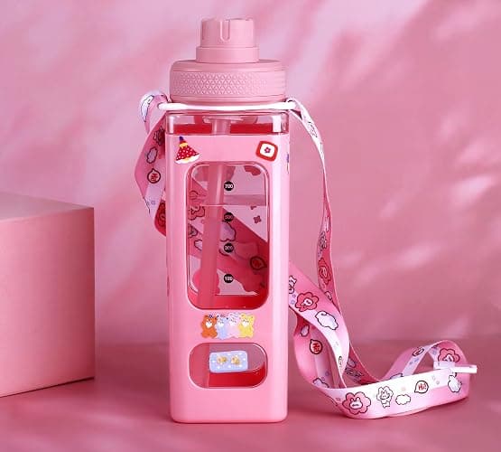 NEWSTYP Kawaii Bear Pastel Water Bottle With 3D Sticker 700ml Plastic Travel Tea Juice Milk Portable Cute Shaker Drink Bottle Gift (Pink) thumbnail 5