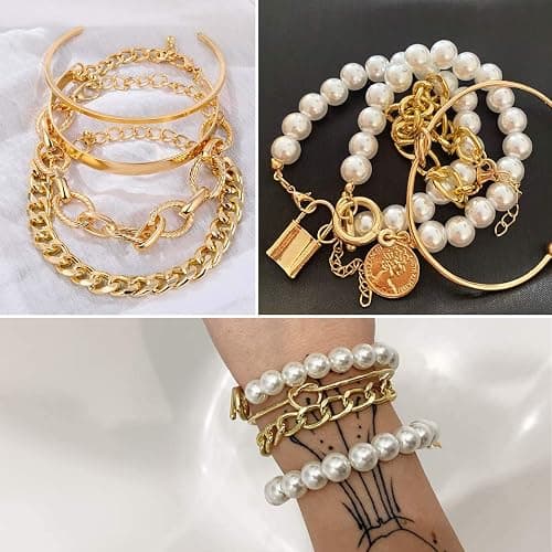 17IF 18-25 PCS(6 Pack) Boho Gold Bracelets Set for Women Stackable Chunky Dainty Bangles Adjustable Chain Flat Cuff Cuban Punk Charm Bundle Jewelry thumbnail 4