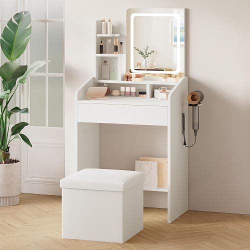 LIVELYGLOW 24" White Small Vanity Set with Lighted Mirror & Storage Stool | Smart LED Mirror, Charging Station, Hairdryer Rack, Space-Saving thumbnail 3