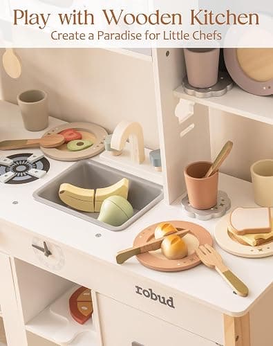 ROBUD 4-Set Wooden Play Dishes Set - Montessori-Inspired Play Food Accessories for Kids, Pretend Play Kitchen Set for Toddlers, Role Play Gift for Boys and Girls thumbnail 3