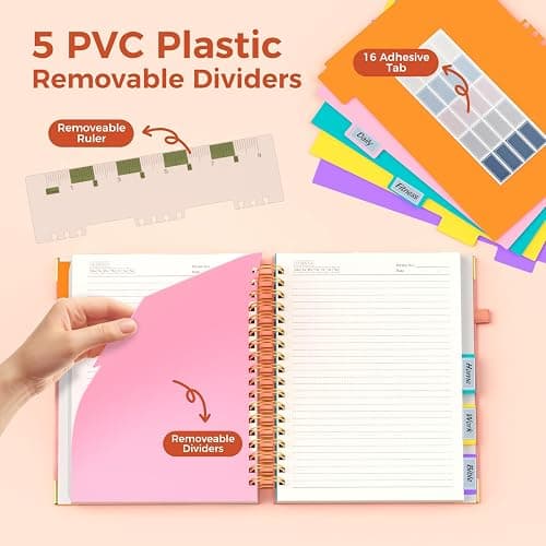 XYark B5 Hardcover Spiral Notebook, 8"x10" College Ruled Notebooks with Removable Dividers Tabs & Ruler, 5 Subject Notebook 300 Pages, Large Lined Journal for Women Men School Work Office, Pink thumbnail 5