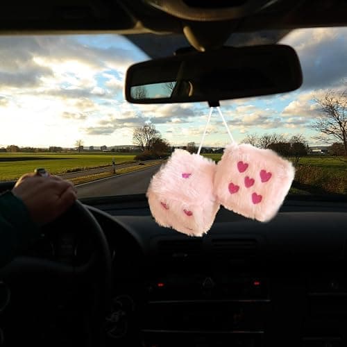 Pair 3” Colorful Heart Embroidered Fuzzy Plush Dice, Soft Plush Car Decoration Hanging Ornaments, Couple Car Decorative Vintage Accessories for Rearview Mirror Decorations(Pink Rose Red Dots) thumbnail 6