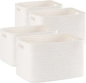 4 Pack Storage Baskets for Organizing Toys, Towels, and Clothes, Woven Basket for Shelves, Sturdy Nursery Cube Bins for Storage, 13''L x9''W x7.8''H, White - Image 1