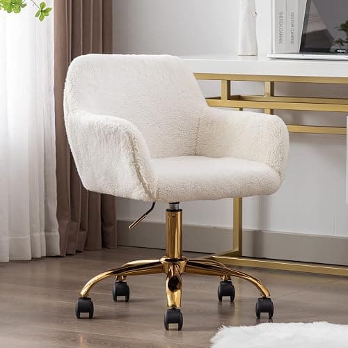 KCC Faux Fur Office Desk Chair, Comfy Swivel Armchair with Wheels, Upholstered Fuzzy Vanity Chair, Adjustable Height, White thumbnail 2