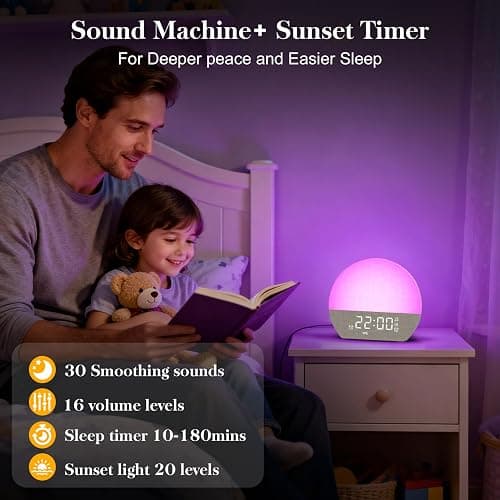 Wake Up Light Sunrise Alarm Clock,Alarm Clocks Bedside with Dual Alarms | 30 Soothing Sound Machine, Digital Alarm Clock for Kids with 7 Colors Dimmer Night Light &Timer for Heavy Sleepers Bedroom thumbnail 7
