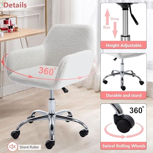 HomVent Faux Fur Home Office Chair for Women Girl, Modern Accent Chair Furry Makeup Desk Chairs with Rolling Wheels Armrest for Living Room Bedroom Office Vanity White thumbnail 5