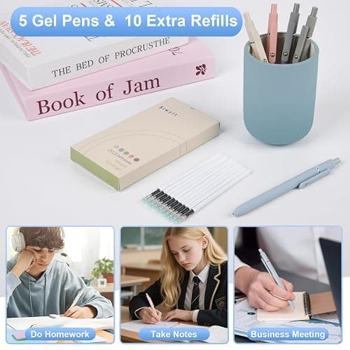 Siwyit Gel Pens, 5 Pcs 0.5mm Quick Dry Black Ink Fine Point Smooth Writing Pens and 10 Refills, Retractable Stylo Gel for Journaling Note Taking, Office Supplies (Morandi-5PC) thumbnail 3