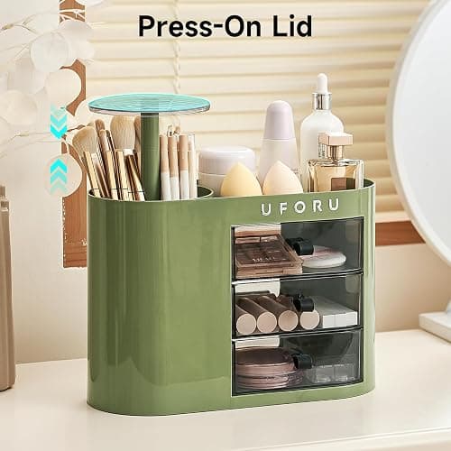 UFORU Makeup Organizer with Pop-Up Brush Holder for Dresser Vanity, Plastic Bathroom Counter Organizer with 3 Drawers & Dust-Proof Cover, Cosmetic Display Case for Lipstick, Skincare, Vintage Green thumbnail 5
