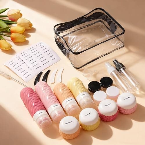 LitBear 23 Pack TSA Approved Travel Bottles for Toiletries, Leak Proof Refillable Travel Size Containers Kit with Silicone Squeezable Bottles Jars for Shampoo Lotion Conditioner, in Clear Bag, Pink thumbnail 2