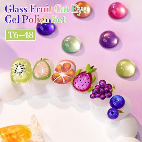 Double Rhythm Fruit Cat Eye Gel Nail Polish Set of 6 Same Color Same Bottle 0.5 Oz Shimmer Glitter with Magnet Holographic Reflective Magnetic UV Polish Kit at Home (Glass Rose Pink Green-T6-48) thumbnail 3