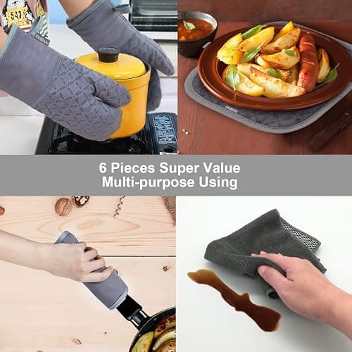 KEGOUU Oven Mitts and Pot Holders 6pcs Set, Kitchen Oven Glove High Heat Resistant 500 Degree Extra Long Oven Mitts and Potholder with Non-Slip Silicone Surface for Cooking thumbnail 7