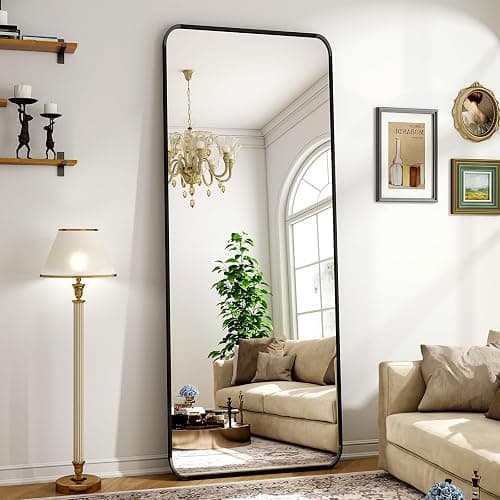 ZENOMIRRIS Black 21 x 56 Full Length Mirror Rounded Corner for Home Decor | Nano Floor Mirror with Stand Rect Full Body Mirror Aluminum Alloy Frame Standing Leaning or Hanging for Bedroom Checkroom - Image 1
