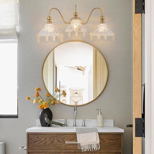 BrkNit Vintage Bathroom Light Fixtures Over Mirror, 3-Light Brass Wall Sconce Lighting with Flower Glass Shade, Farmhouse Vanity Lights for Bedroom Kitchen Living Room Hallway Light thumbnail 2