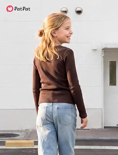 PATPAT Girls Long Sleeve Shirt Ribbed Slim Fit Basic Dressy Tops Tees 5-16Y | Soft Cotton, Classic Crew Neck, Solid Color, knitted Stretchy Fabric, Year-Round Style, Breathable, Casual/School/Vacation thumbnail 4