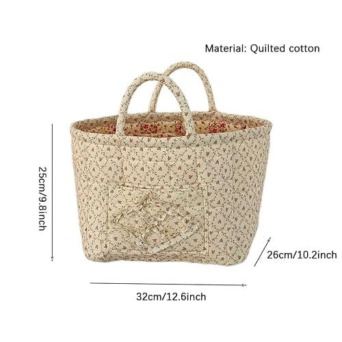 Boho Fabric Storage Basket Quilted Floral Print Baskets Organizer Bin with Handles for Home, Picnic, Shopping (Pink, L) thumbnail 3