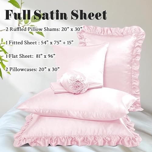 Homiest Ruffled Satin Sheets Full Size 6pc Set - Blush Pink Bed Sheet Set with 15 Inch Deep Pocket Fitted Sheet, 1 Flat Sheet, 2 Ruffled Pillow Shams & 2 Pillowcases, Similar to Silk Sheets thumbnail 3
