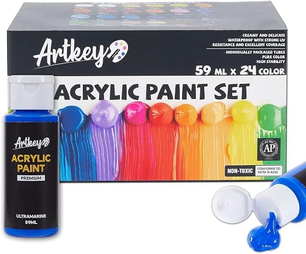 Artkey Acrylic Paint Set, 24 Colors 2 oz/59 ml Acrylic Paint Kit for Professional Artists & Beginners – Craft & Art Supplies for Canvas, Wood, Fabric, Rock, Leather, Ceramic, Glass, Easter Egg - Image 1