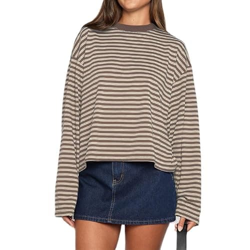 Y2k Womens Striped Cropped Shirt Drop Shoulder Long Sleeve Crewneck Sweatshirt Fairy Grunge Sweater Tops Streetwear - Image 1