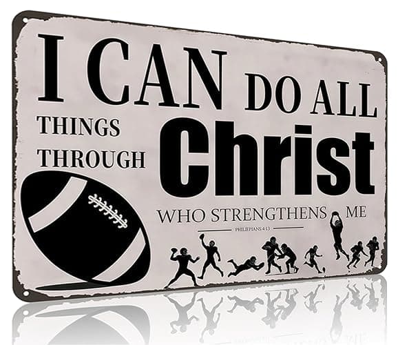 Funnysign Football Gifts I Can Do All Things Through Christ Philippians 4:13 Inspirational Bible Verse Tin Sign for Boys Room Man Cave Bedroom Living Room Decor 8 x 12 Inches (3926) - Image 1
