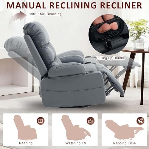 KCQ Swivel Rocker Recliner Chair with Massage and Heat, Oversized Wide Seat Faux Leather Manual Rocking Recliner Chair for Adults, Grey thumbnail 5