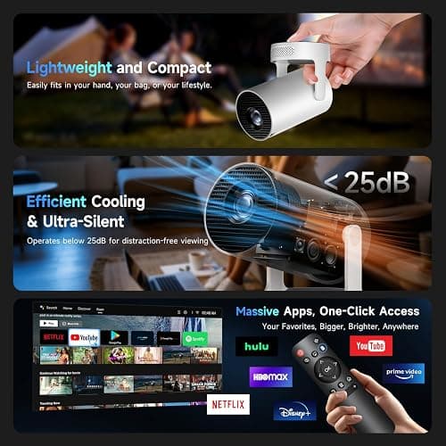 Kimwood Projector with Upgraded HiFi Speaker, [Built-in Apps] 1080P Mini Portable Projector Lower Noise Auto Keystone WiFi 6 Bluetooth 5.4 Ultra Short Throw Projectors for Big Screen in Small Room thumbnail 8