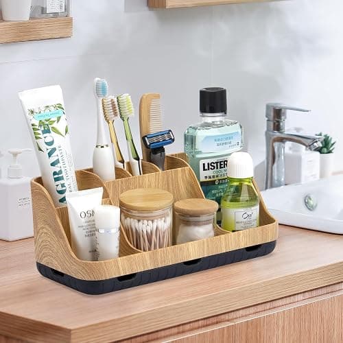GFWARE Bathroom Organizers and Storage - Detachable 7 Slots Kids Electric Toothbrush and Toothpaste Holde Drainage for Bathroom Accessories Organization Counter Vanity Storage, Wood - Wood thumbnail 2
