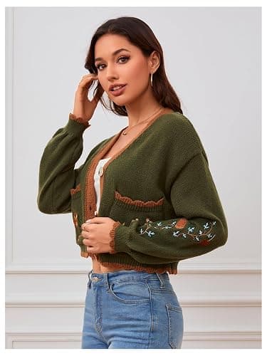BEAUDRM Women's Floral Cropped Cardigan Cottagecore Boho Cardigans Embroidered Open Front Western Sweaters Fall Outwear thumbnail 3