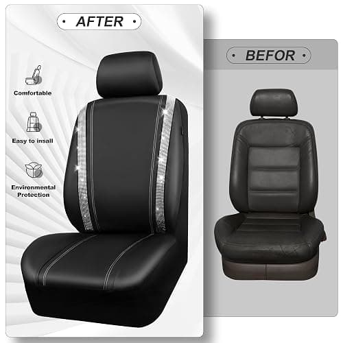 CAR PASS Leather Bling Diamond Car Seat Cover 2 Front Interior Sets, Waterproof Universal Shining Glitter Crystal Sparkle Fit for 95% Automotive Truck SUV Cute Women Girl, Black Silver Rhinestone thumbnail 5