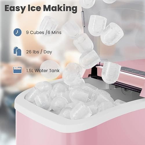 DUMOS Countertop Ice Maker with Handle, 26lbs/24H Portable Ice Machine, 9 Bullet Ice Cubes Ready in 6 Mins, Self-Cleaning, Quiet Compact Ice Maker for Home, Kitchen, RV, Camping, Pink thumbnail 3