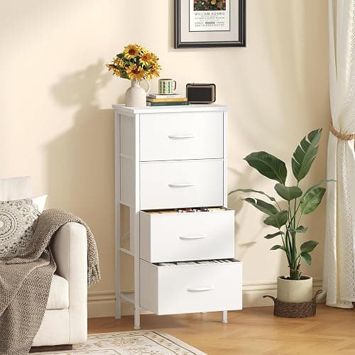 Sweetcrispy Dresser for Bedroom, 4 Drawer Storage Cabinet, Tall Nightstand | Small Fabric White Dresser for Closet, Chest of Drawers, Closet Organizer, Home Furniture, Sturdy Frame thumbnail 2
