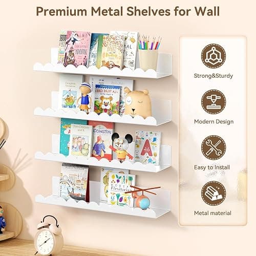 Gattlukd Nursery Book Shelves, 17 Inch Metal Floating Shelves for Wall 4 Pack, Scalloped Shelves, Wall Mounted Book Shelf for Kids Bedroom, Baby Room, Nursery Decor (White) thumbnail 3