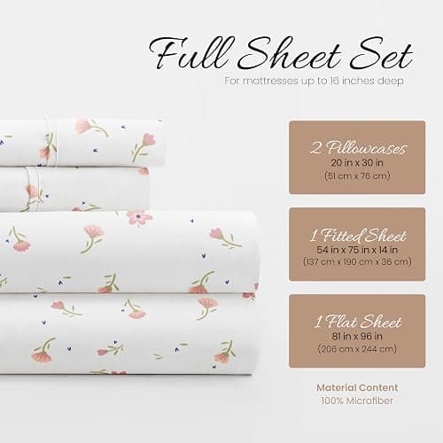 Linen Market Double-Brushed Patterned Microfiber Full Sheet Set 4 Piece – Oeko-TEX Certified Ultra Soft & Wrinkle-Free - 16" Deep Pocket Sheets - Easy Care Full Size - Soft Floral Pink thumbnail 2