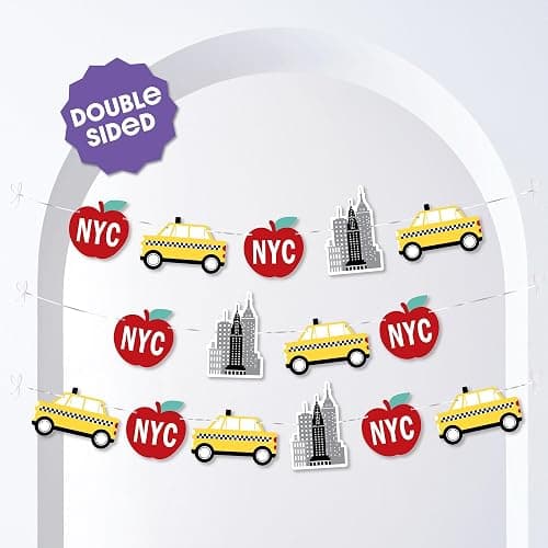 NYC Cityscape Party Decorations - Garland Banner - 15pc | Double-Sided Big Apple, Taxi, Skyscraper Shapes, DIY Banner for New York City Themed Party Backdrops, Cord Included, USA-made thumbnail 2