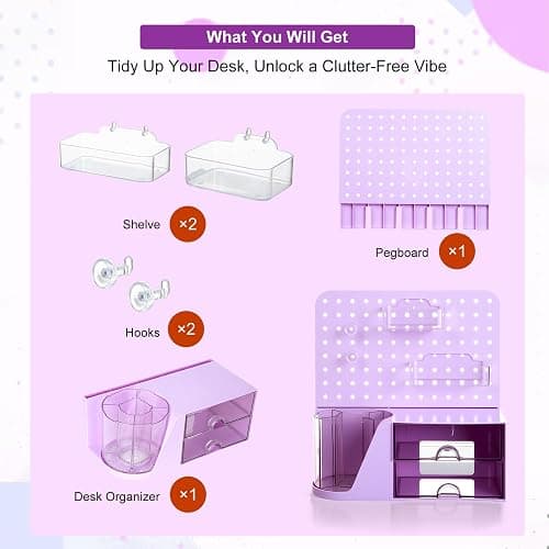 Comix Desk Organizer with 2 Drawer, Purple 360 Rotating Pen Holder for Desk | Desk Organizers and Accessories with 5 Slots Pencil Holder+Pegboard+Drawer, Pen Organizer for Home School Art Office Supplies thumbnail 6