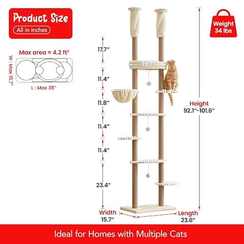 Furcato Cat Tree, Floor to Ceiling Cat Tower Adjustable Height[92-102 Inches=234-258cm], 7 Tiers Cat Climbing Tree with Hammock, Platforms and Fully Sisal Scratching Posts for Indoor Cats, Beige thumbnail 7