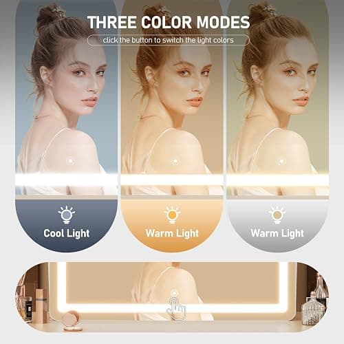Gvnkvn Ligheted Vanity Mirror with Lights, 15" x 11" Travel LED Makeup Mirror, 3 Modes Light, Smart Touch Control Dimmable, 360°Rotation, Rectangle White Frame thumbnail 3