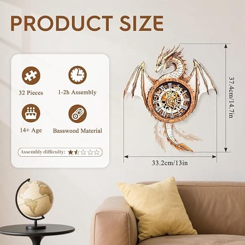 Cutywood 3D Puzzle for Adults Clock-Dragon Design Model Kit-Mechanical DIY Pendulum Clock with Roman Numerals-Desk Office Home Decor Personalized Gift for DIY Lovers thumbnail 3