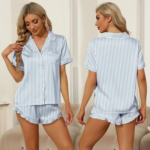SAPJON Silk Satin 2 Piece Pajamas for Women Set, Soft Ruffle Shorts Pjs | Summer Lingerie, Women's Short Sleeve tops, Cute Button up Sleepwear, Lounge Sets, Wedding Party Gifts, Bridesmaid Pajamas thumbnail 2