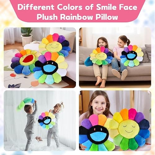 SNEPOO Smile Face Plush Rainbow Pillow, Sunflower Indie Decor Plush Pillow Soft & Comfortable Flower Floor Pillow for Home Reading Bed Room Decoration (40CM, Black and White) thumbnail 4