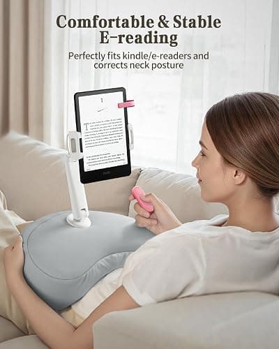SAIJI Kindle Pillow Stand, iPad Stand Compatible with 4.7”-15.6” Kindle, Phone, iPad, 360° Adjustable Lap Beanbag Tablet Holder for Bed with Flexible Dual Axis Arm and Microbead Cushion (Gray) thumbnail 2
