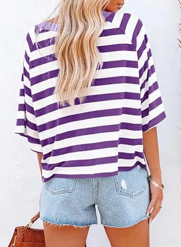 Dokotoo Tops for Women Striped 2026 Fashion T Shirts for Women Color Block Crewneck Design Loose Basic Tee thumbnail 3