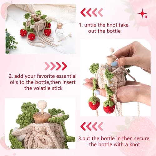 DaisyInner Cute Crochet Plant Car Freshener 12ml Empty Refillable Diffuser Bottle with Plants Hanging Accessories for Rearview Mirror Home Office Decor Women Christmas Gifts(Strawberry) thumbnail 4