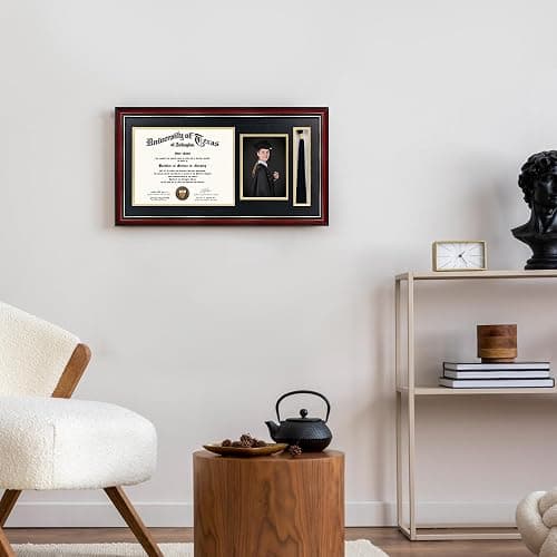 GraduationMall 11x22 Cherry Diploma Frame with Tassel Holder and Picture for 8.5x11 Certificate 5x7 Photo,Tempered Glass,Black over Gold Mat thumbnail 7