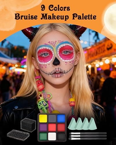 Lictin Special Effects SFX Zombie Makeup Kit, 9 Colors Bruise Face Body Painting Palette with Scar Wax, Fake Blood Spray & Gel, Vampire Skeleton Clown Makeup Body Paint (14PCS) thumbnail 3