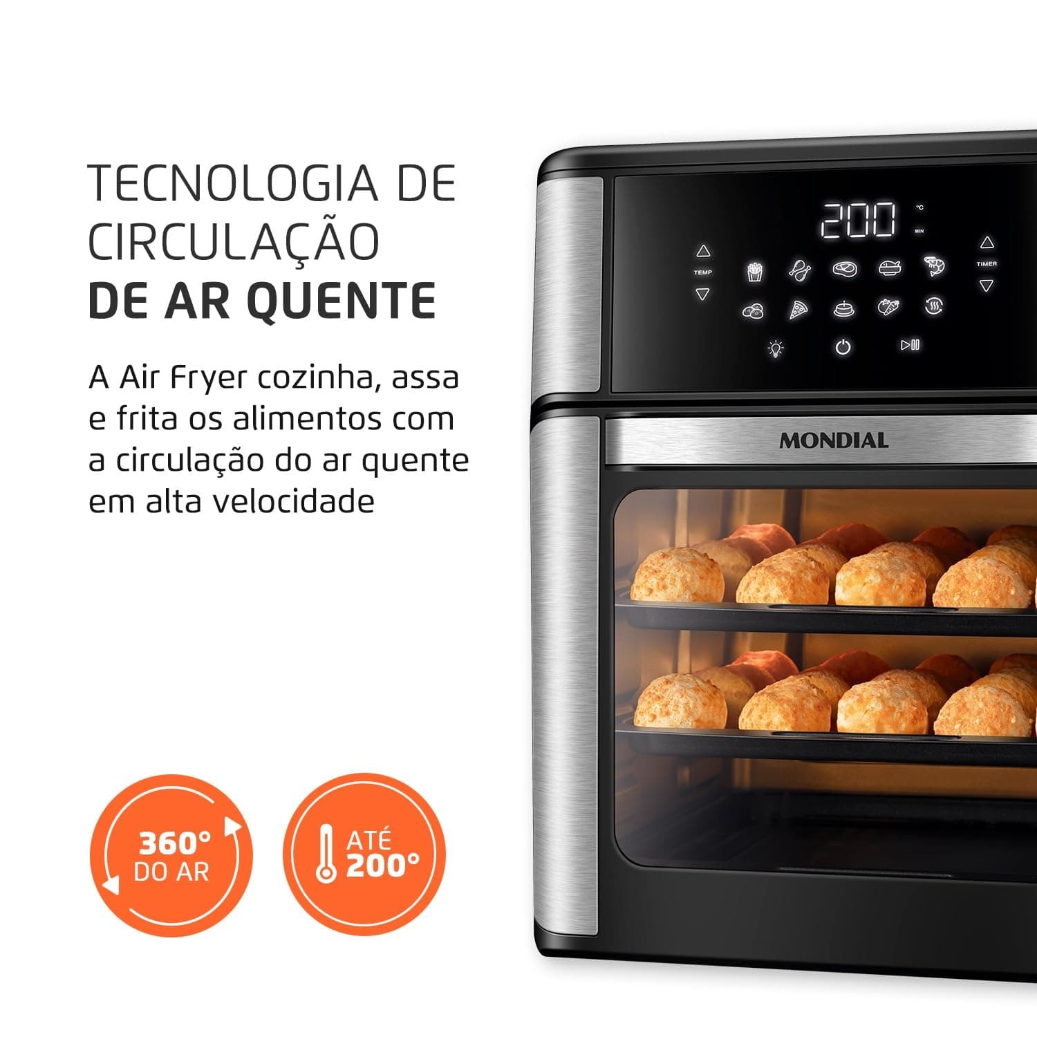 MONDIAL Fritadeira Air Fryer Forno Oven 12L, Preto/Inox, 2000W, 220V - AFON-12L-BI thumbnail 4
